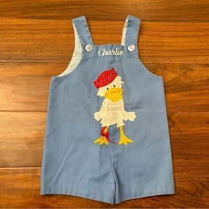 The Frog Pond Vintage Blue Embroidered Duck Overall Romper Name Charlie